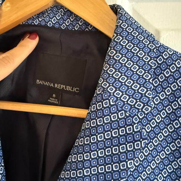 Banana Republic Blue Geometric Ikat Striped Blazer Lined Size 8 Boxy Career - Picture 4 of 6